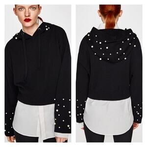 Zara Black Cropped Pearl Embellished Hooded Knit Sweater Size Small